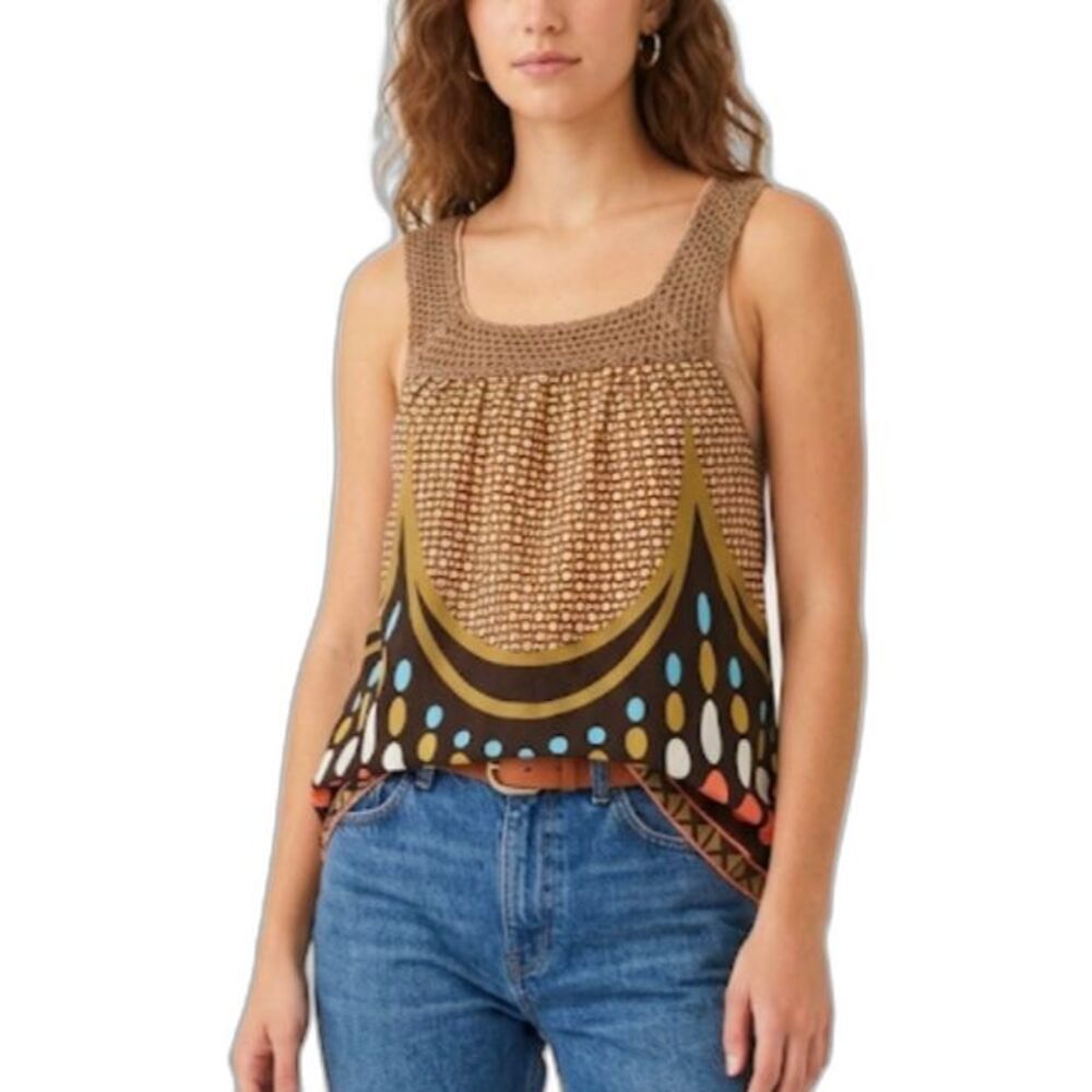 Blue Plate Women's Brown Crochet Dot Print Sleeveless VTG Y2K Boho Tank Top Sz L